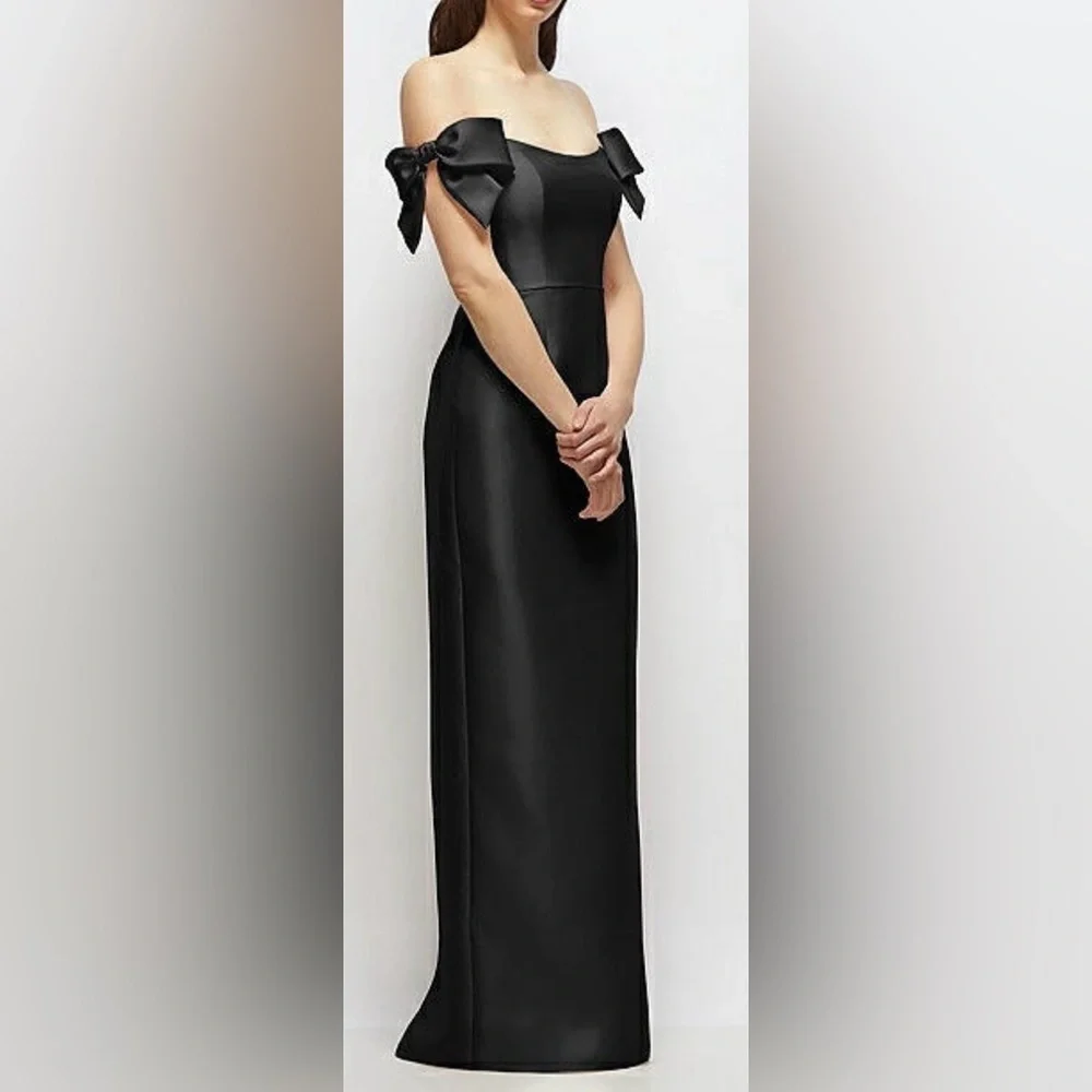 NEW Alfred Sung Bow Basque neck Off the Shoulder Satin Column Black Gown Sz 8 - Picture 2 of 7